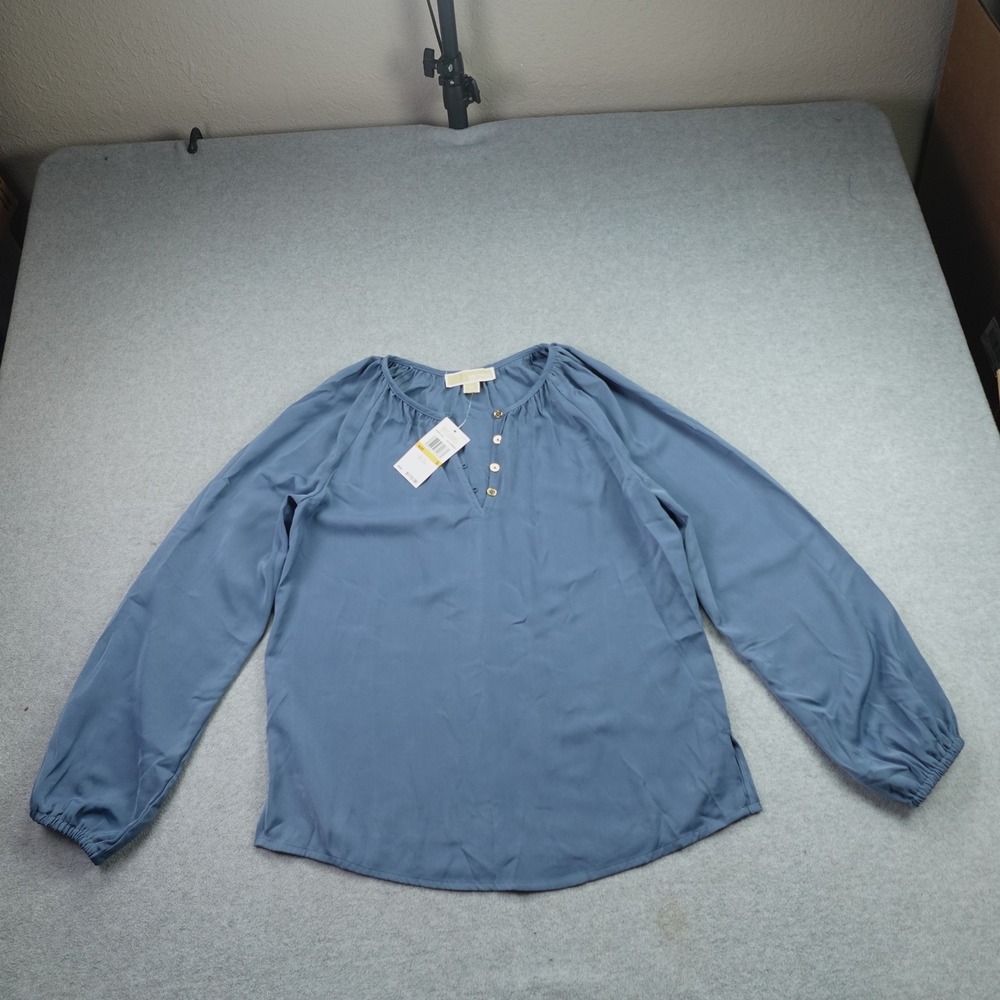 Michael Kors Blouse Womens Small Blue Peasant Top Henley Long Sleeve